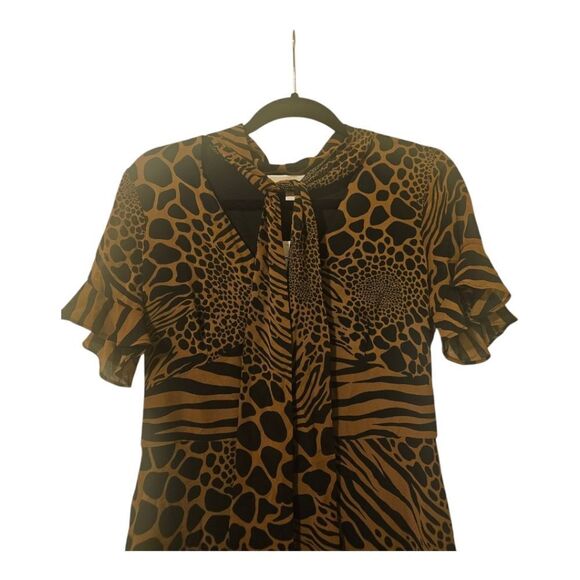 MICHAEL KORS NWT Ruffle Flounce Animal Print Caramel Tie Neck Dress - Small - Picture 4 of 13